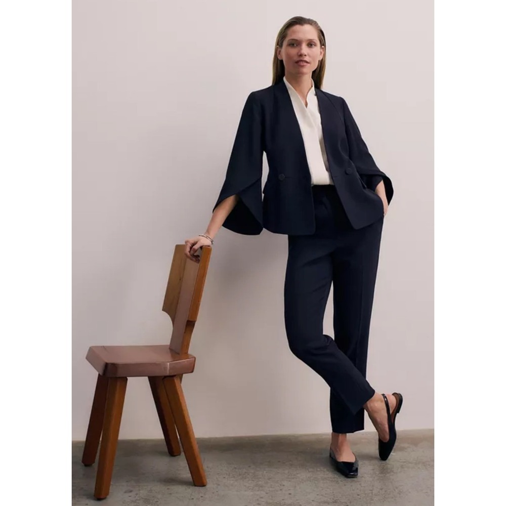 The Fold Clever Crepe Tavira Slim Leg Trousers Women 12 Navy Quiet Luxury NWT